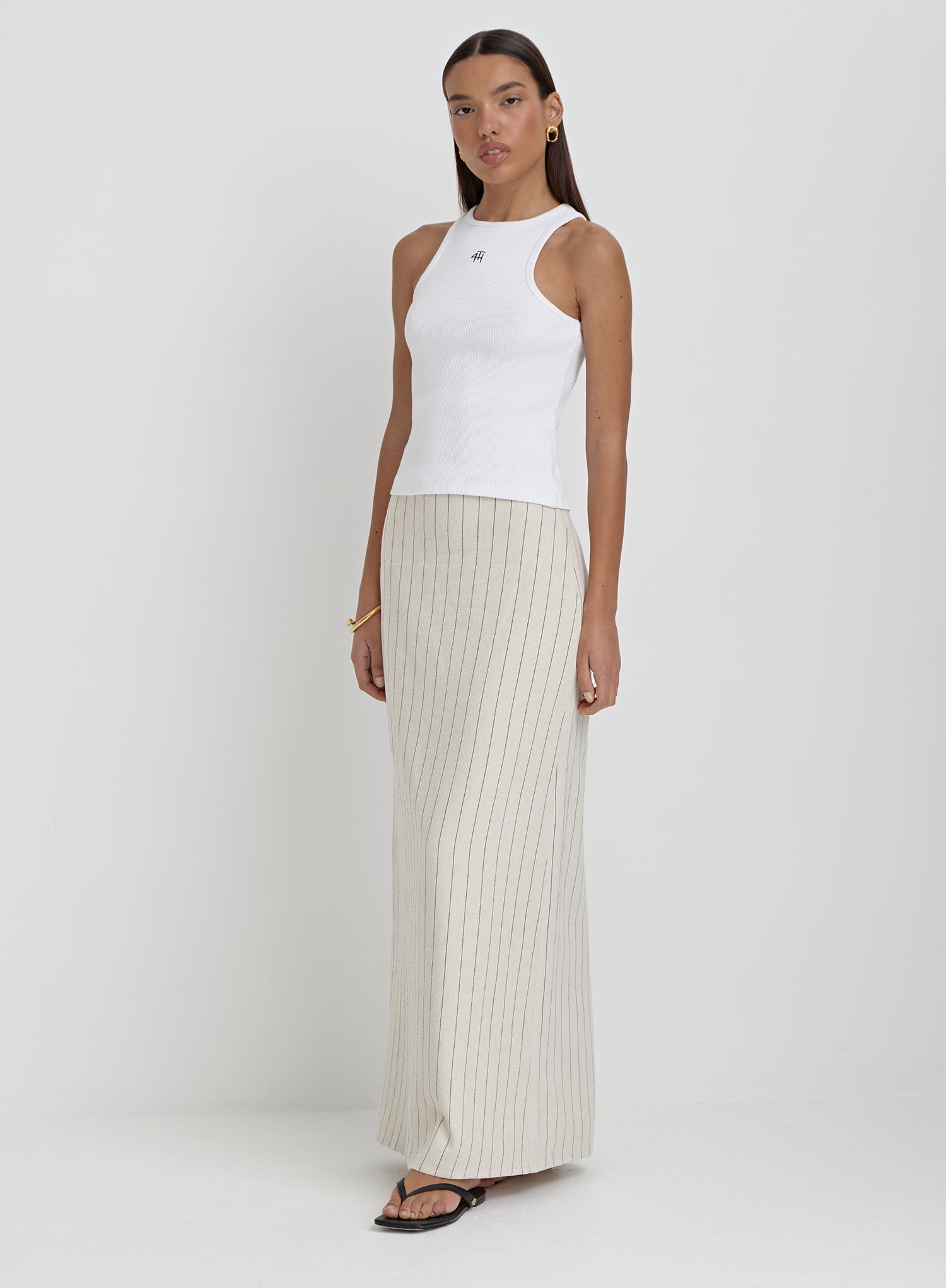 Beige Striped Linen Maxi Skirt